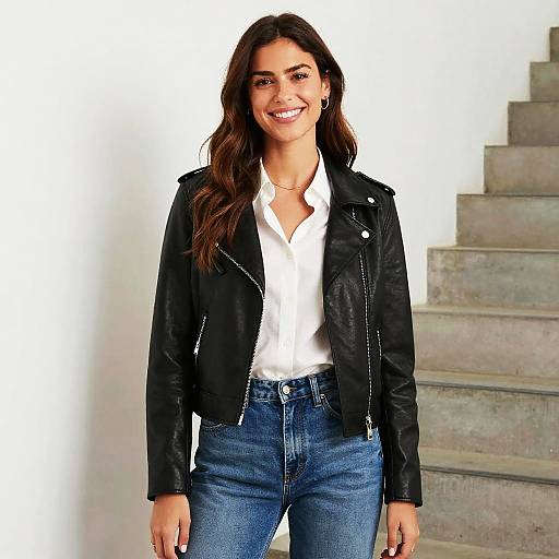 Photograph of a smiling woman with long brown hair, wearing a black leather jacket, white shirt, and blue jeans, standing in front of a white