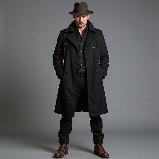 Photograph of a bearded man in a dark brown fedora, black trench coat, black pants, and brown boots, standing against a gray background