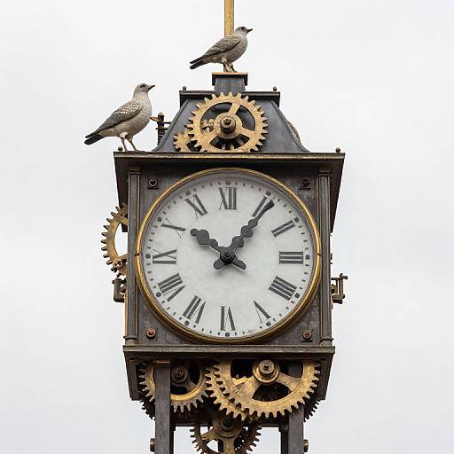 Photograph of an antique clock with black metal frame, white face, black Roman numerals, gold gears, and two gray pigeons perched on