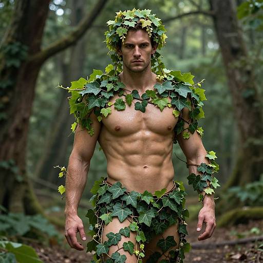 Photograph of a muscular, shirtless man with green leaf garlands, standing in a dense forest, wearing a leafy loincloth, with