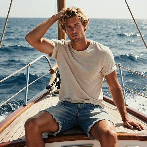 Photograph of a handsome, curly-haired man in a white t-shirt and frayed denim shorts, sitting on a sunlit sailboat deck with a