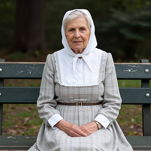 Photograph of an elderly woman with white hair, wearing a white headscarf, gray checkered dress, and white lace collar, seated on a