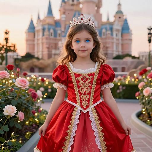 Photograph of a young girl with blue eyes, wearing a red and gold lace princess dress, white lace trim, and a silver tiara, standing