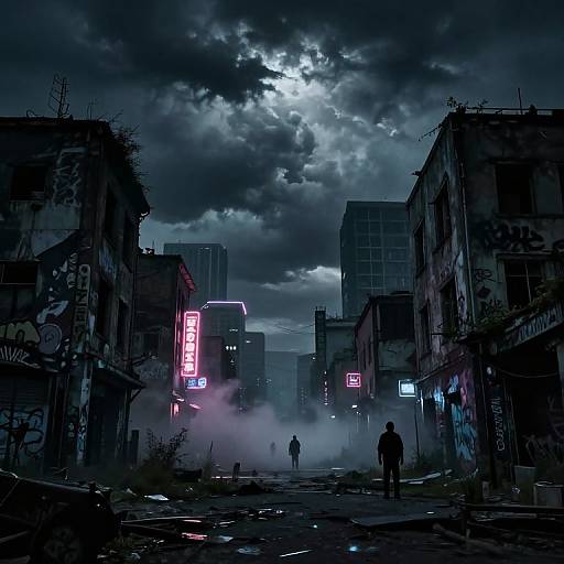 Cyberpunk city street at night, dark stormy sky, neon signs, fog, three silhouetted figures, dilapidated buildings,