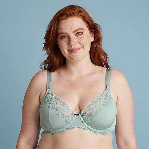 Smiling Woman in Light Green Lace Bra