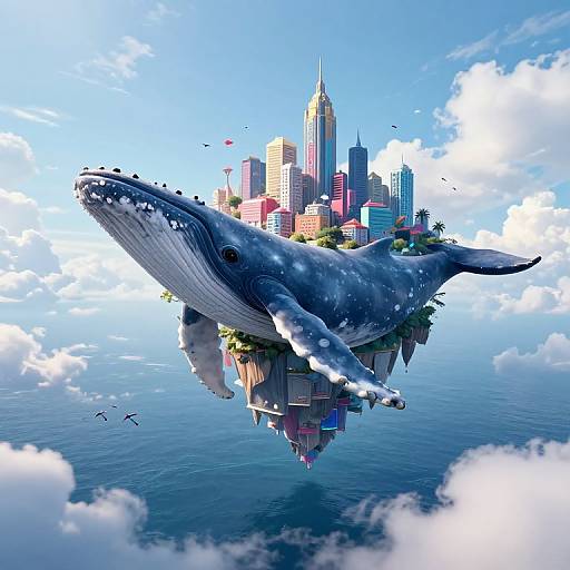 Digital artwork of a giant blue whale carrying a floating city with skyscrapers, surrounded by clouds and ocean, under a bright blue sky.