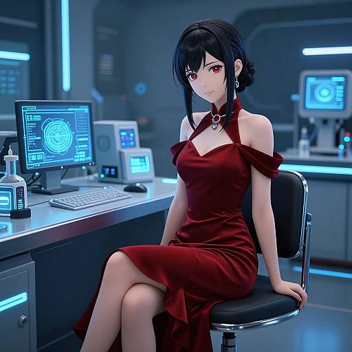 Digital anime-style drawing of a black-haired woman in a red off-shoulder dress, sitting at a futuristic blue-lit desk in a high-tech