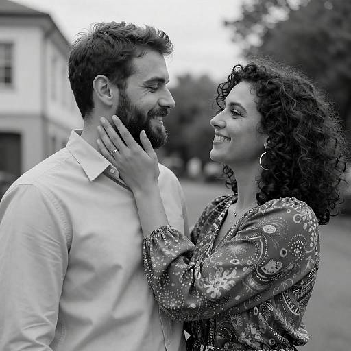 Outdoor Black-and-White Smiling Couple Portrait