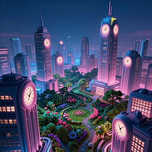 Neon-lit futuristic cityscape with glowing clock towers, vibrant park, and colorful flower beds at night, depicted in digital, cartoon style.