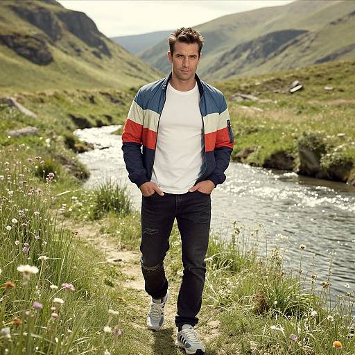 Photograph of a man with short dark hair, wearing a blue-red-white striped jacket, white shirt, black jeans, and white sneakers, walking along