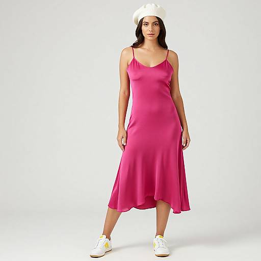 Photograph of a woman with long dark hair, wearing a white hat, pink satin dress, and white sneakers, standing against a white background.