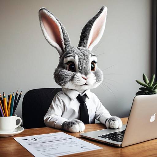 Cartoon Rabbit at Office Desk with Laptop