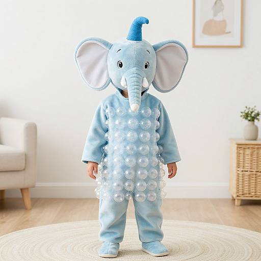Photograph of a young child in a light blue, elephant costume with large white ears, blue trunk, and bubble-like texture, standing in a bright