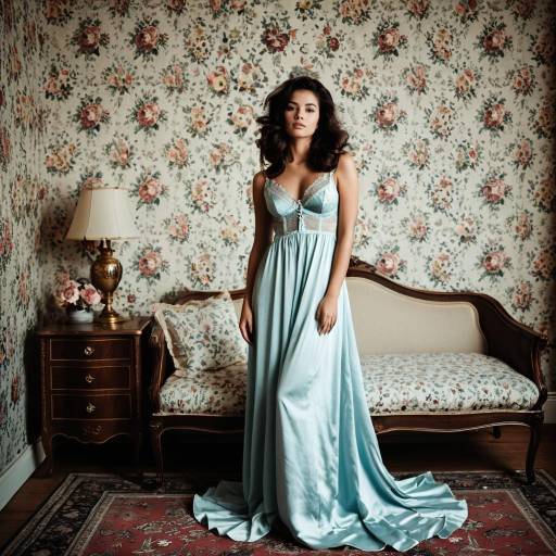 Woman in Elegant Blue Dress in Vintage Room
