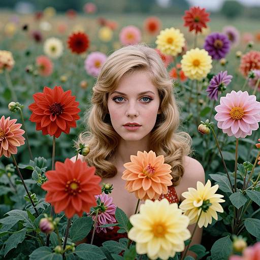 1970s Woman Amidst Vibrant Dahlias