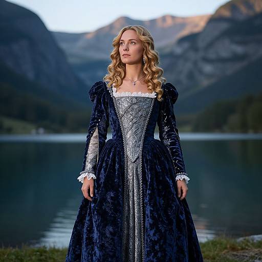 Photograph of a blonde woman with wavy hair in a blue velvet Renaissance-style dress, standing by a mountain lake at dusk.