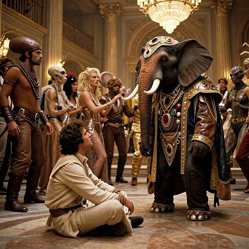 Photograph of a lavish, ornate room with a decorated elephant in regal attire, surrounded by medieval warriors and women in elaborate clothing, under a