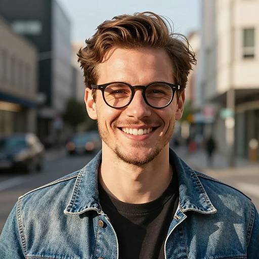 Photograph of a smiling young white man with brown hair, glasses, and a beard, wearing a denim jacket, standing on a sunlit urban street