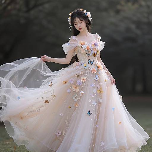 Photograph of an ethereal Asian woman in a flowing white floral dress adorned with butterflies, wearing a flower crown, standing in a sunlit forest.