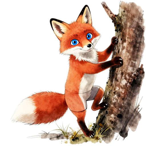 Sporty Red Fox Climbing Tree Inkwash