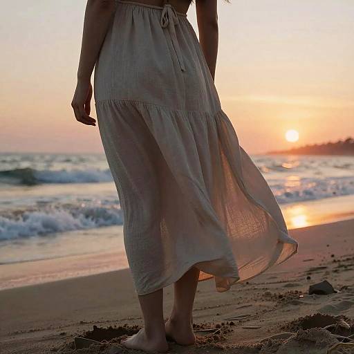 Photograph of a woman in a flowing white skirt standing barefoot on a beach at sunset, with waves and a colorful sky in the background.