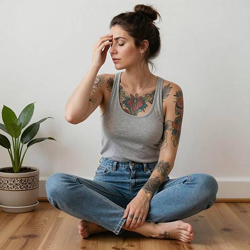Tattooed Woman Sitting Cross-Legged