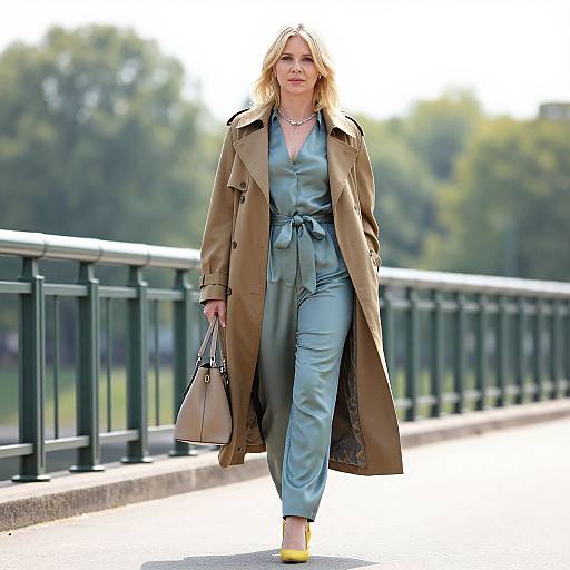 Photograph of a blonde woman in a blue satin jumpsuit and tan trench coat, holding a beige handbag, walking on a green metal bridge.