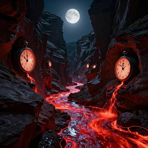Surreal digital art: Two glowing clocks on dark, rocky canyon walls with a bright full moon above. Red lava-like fluid flows down the canyon