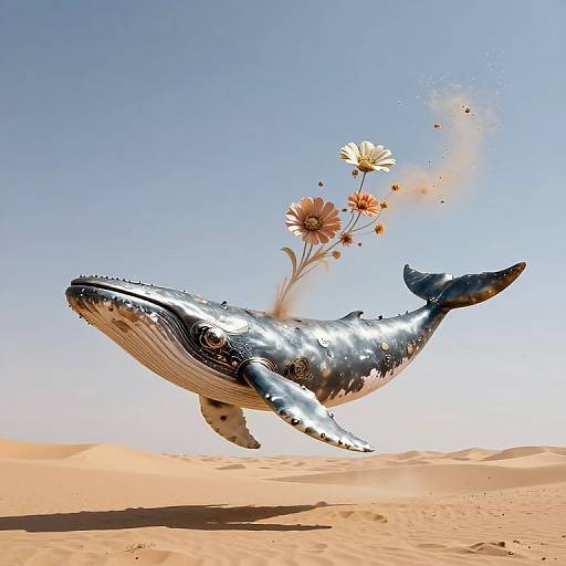 Photorealistic CGI of a metallic blue whale with white patterns, swimming in a desert with pink and white flowers emerging from its back, bright blue sky