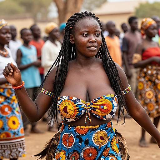 Photograph of a dark-skinned African woman with long braids, wearing a vibrant, colorful, patterned top and skirt, standing among a group