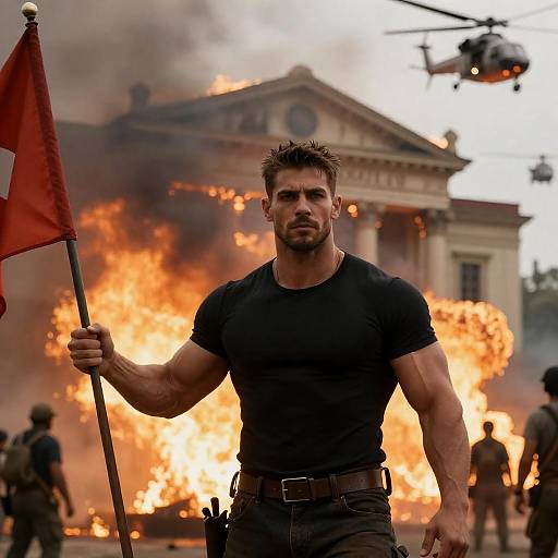 Heroic Figure Amidst Fiery Chaos