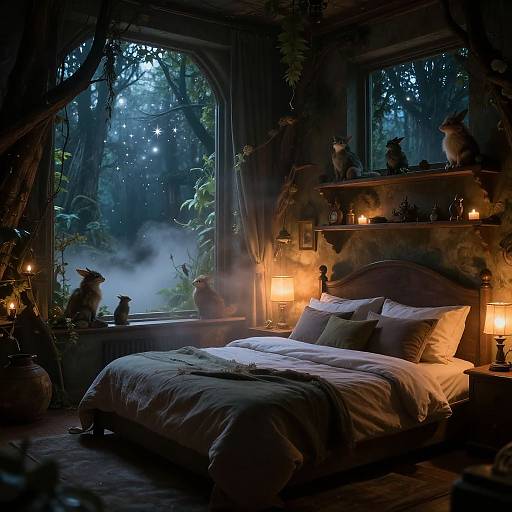 Moonlit forest bedroom with misty window, candles, plush bedding, statues, and shelves. Dark, mystical, enchanted ambiance. Photorealistic digital