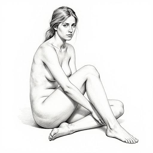 Black and white pencil drawing of a nude woman with light skin, seated with legs crossed, looking slightly to the side.
