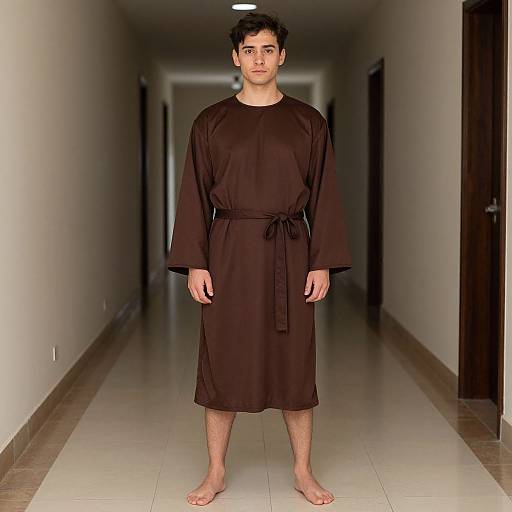 Photograph of a young man with short black hair, wearing a black long-sleeve robe and barefoot, standing in a hallway with beige walls