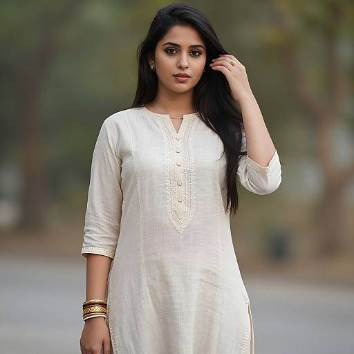 Photograph of a young South Asian woman with long black hair, wearing a white embroidered kurti, standing outdoors with blurred trees in the background.