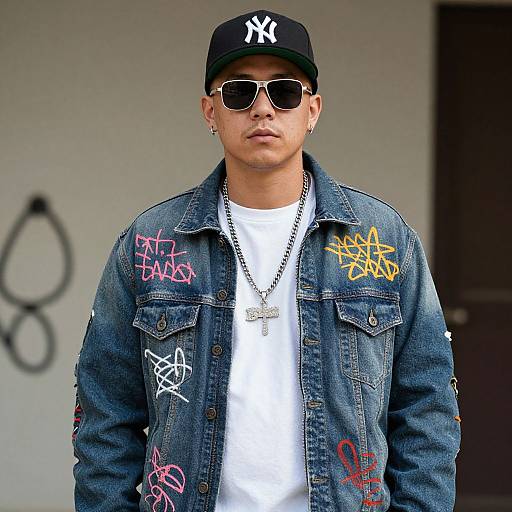 Photograph of a young man with medium brown skin, wearing a black NY cap, sunglasses, white t-shirt, and heavily graffiti-styled denim jacket