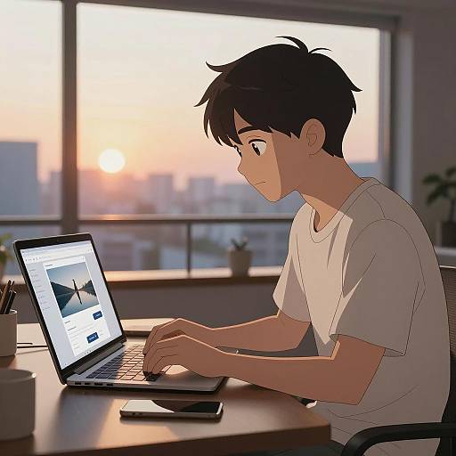 Young Man Working on Laptop at Sunset