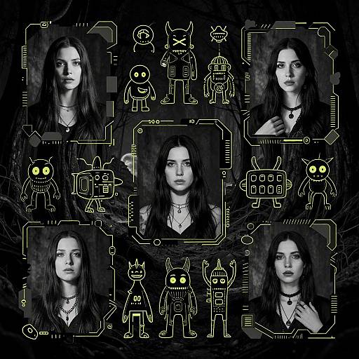 Digital artwork featuring six portraits of a pale-skinned woman with long black hair, surrounded by neon circuit-like drawings and cartoonish, glowing-eyed figures in