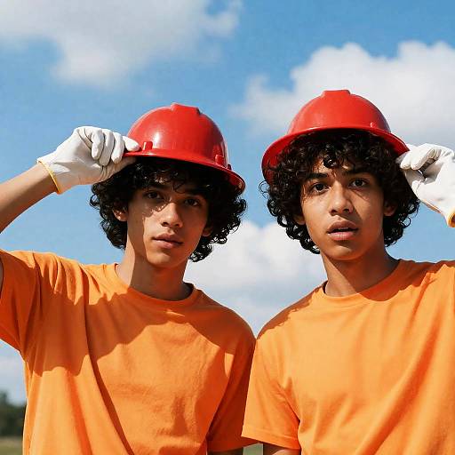 Two Young Men in Orange Shirts Outdoors