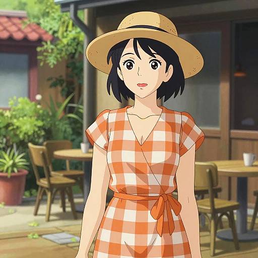 Woman in Gingham Dress by Courtyard