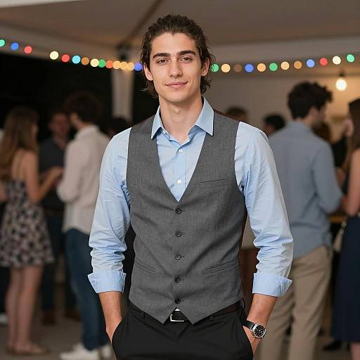 Young Man in Gray Vest at Social Event