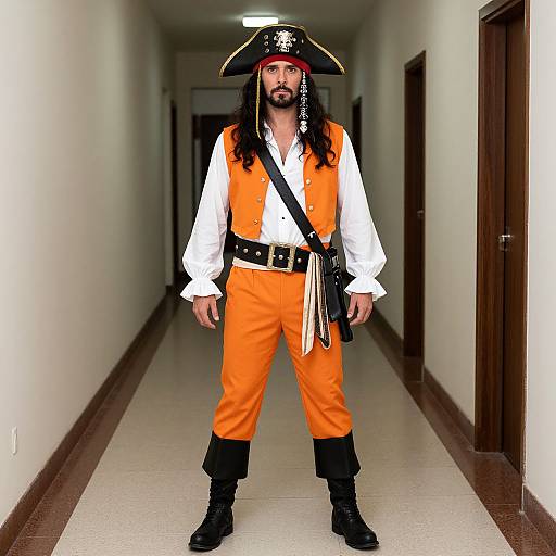 Photograph of a man with long black hair and beard, wearing a pirate costume: orange pants, white shirt, black boots, black belt, tr