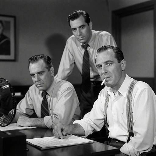 Black-and-White Office Scene with Three Men