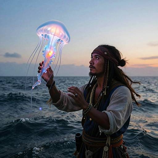 Photograph of a Native American man with long hair, headband, and pirate-style clothes, holding a glowing jellyfish in a sunset ocean.