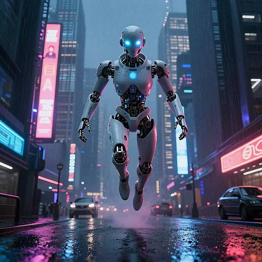 CGI image of a glowing, robotic humanoid running through a rainy, neon-lit city street, with skyscrapers and vibrant signs in the background