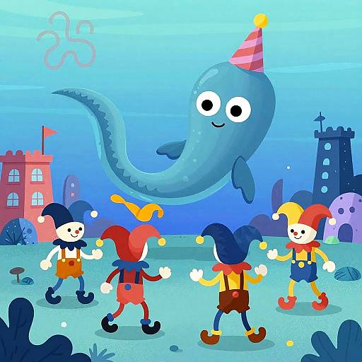 Colorful cartoon: Four jester-clad children with hats, running towards a smiling, party-hatted whale in a whimsical underwater cityscape.