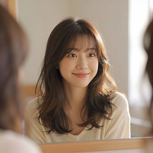 Photograph of a smiling East Asian woman with shoulder-length, wavy brown hair, wearing a cream-colored top, standing in front of a mirror.