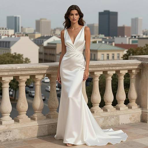 Elegant Woman in Satin Gown on City Balcony
