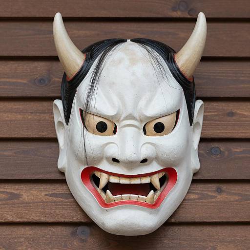 Fierce Oni Mask on Wooden Background