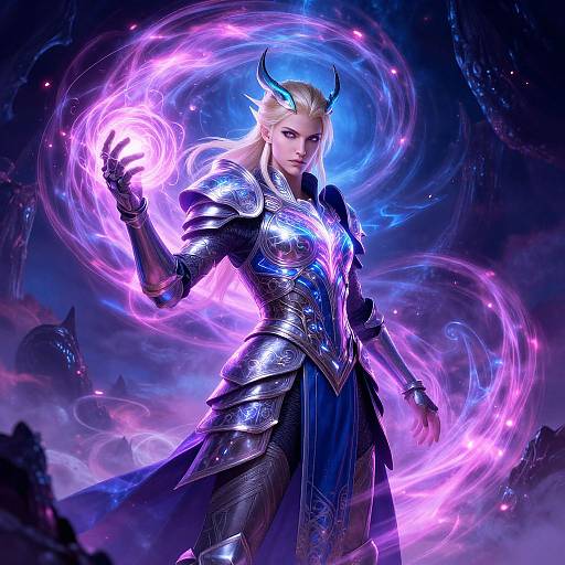 Digital fantasy artwork of a blonde, horned, armored warrior casting a glowing, purple magical orb against a cosmic, dark background.